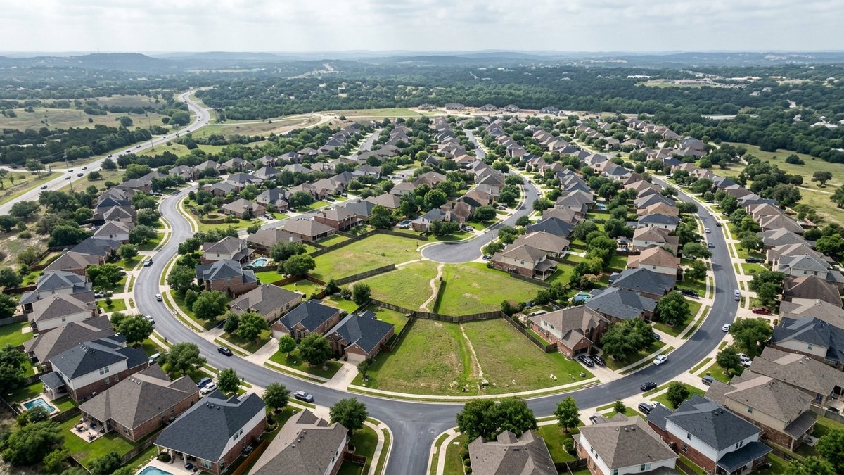 Texas Hill Country aerial homebuying scene